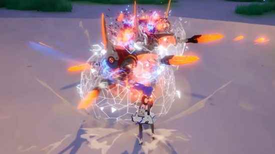 Tower of Fantasy Kobalt-B: Kobalt-B, Flaming Revolver'ın deşarj becerisini mekanik bir düşman üzerinde kullanarak kalkan kırma gücünü gösterir.