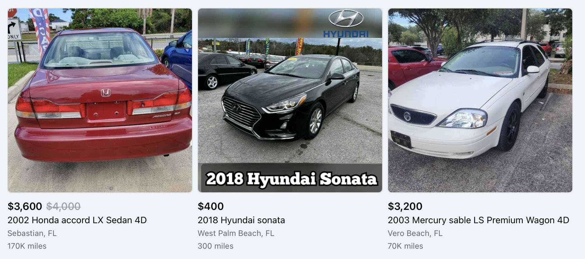 Bir bayiden 400 dolara satılan Hyundai Sonata'yı gösteren Facebook Marketplace'ten bir ekran görüntüsü