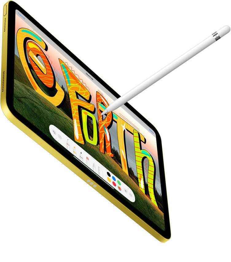 10. nesil iPad ile birlikte birinci nesil bir Apple Pencil gösterilmektedir.