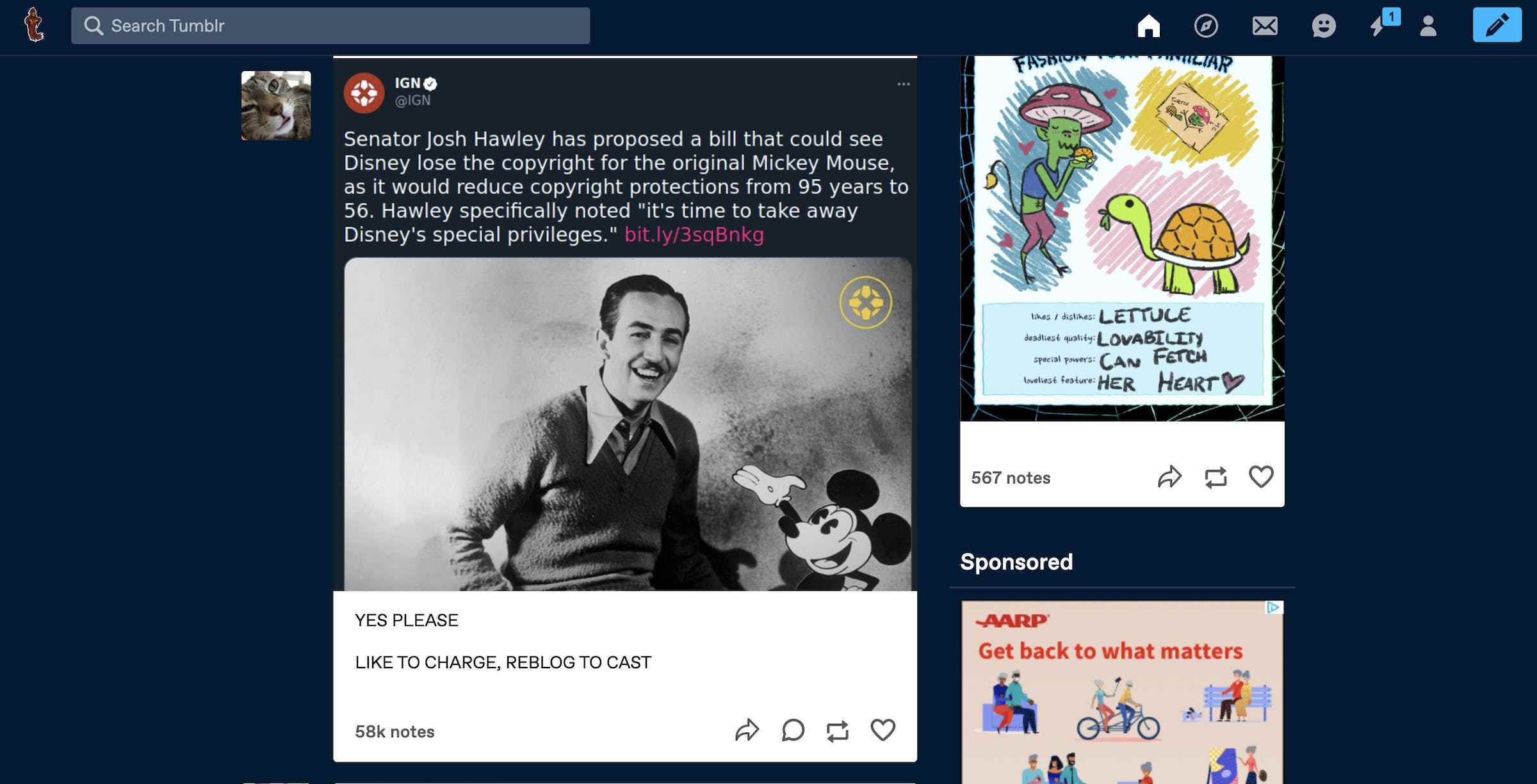Walt Disney'in bir fotoğrafını içeren bir IGN makalesi içeren Tumblr sayfası.