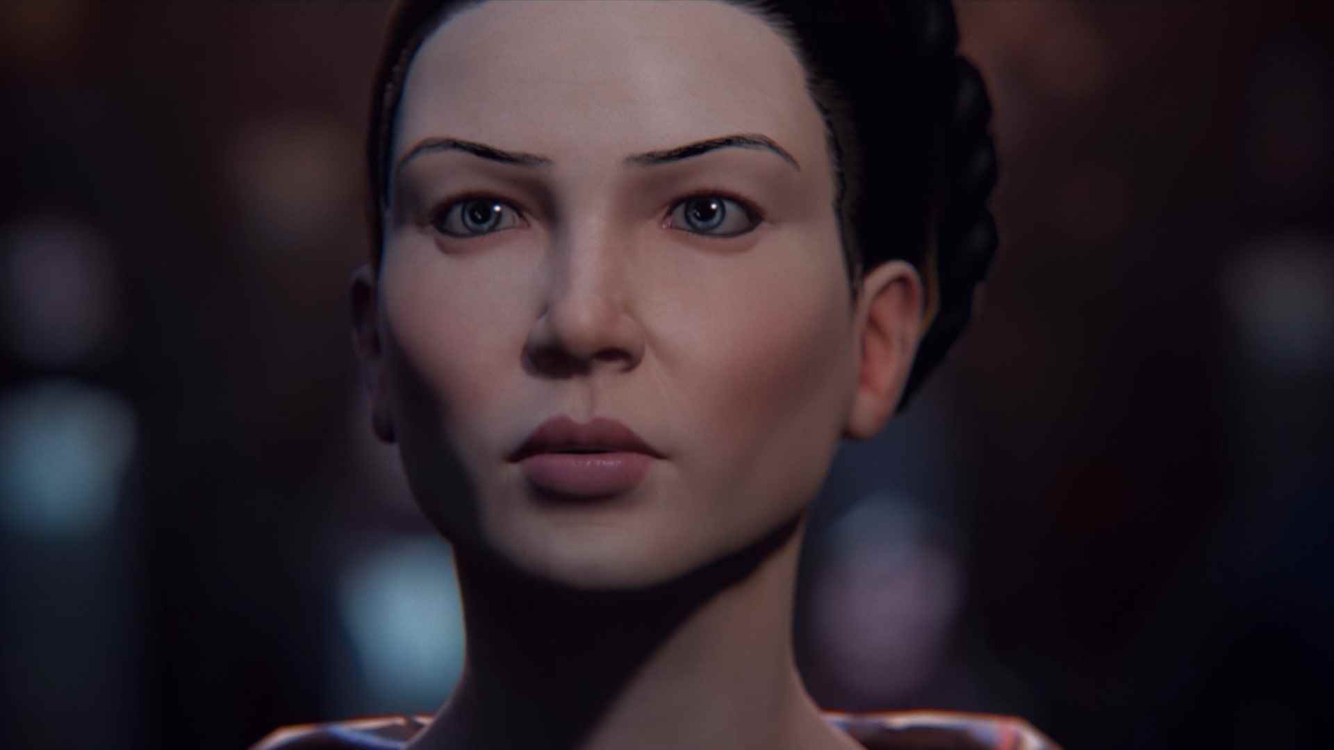 Eve Online Uprising genişlemesi: Bir kadının yüzünün yakından görünümü, sert bir şekilde kararlı görünüyor ve belki de olacaklardan biraz endişe duyuyor