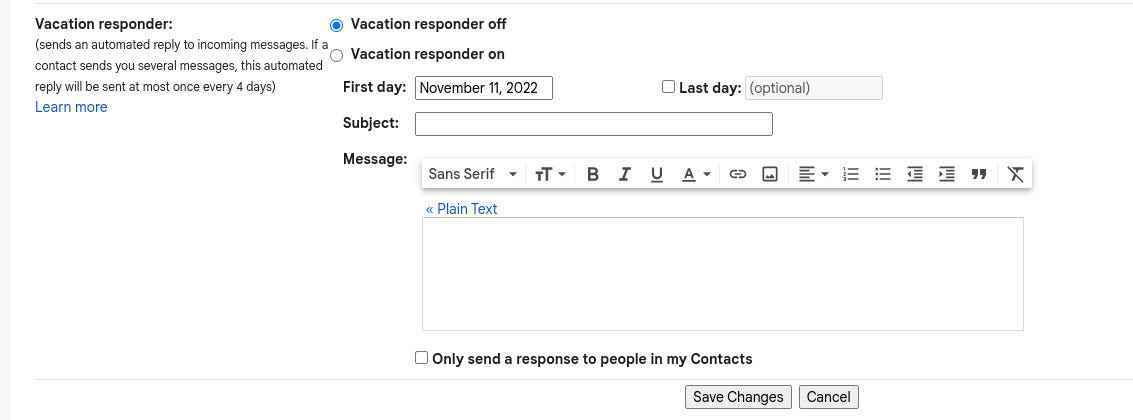 Gmail Tatilde yanıtlayıcı seçenekleri.