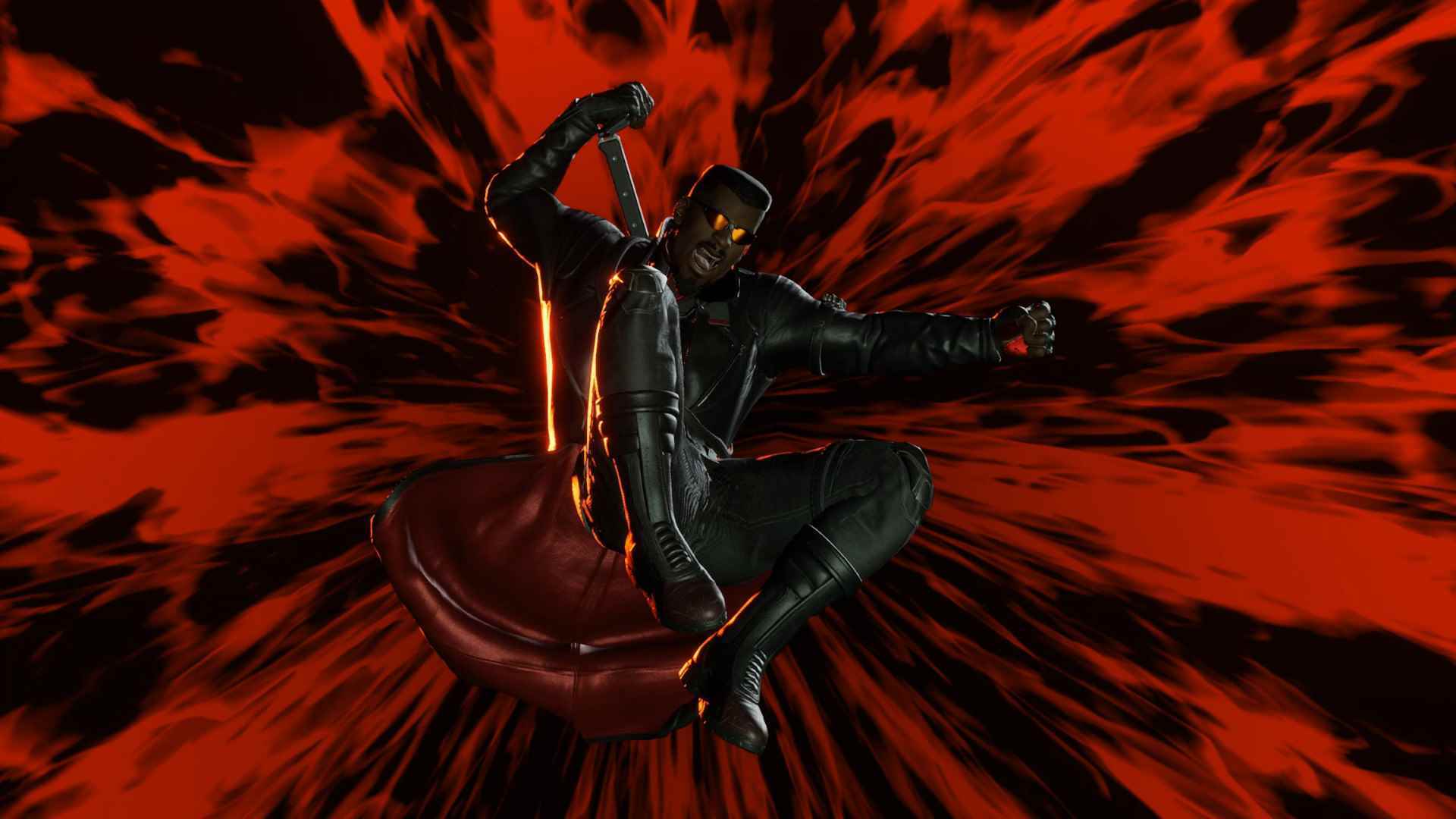 Blade, Marvel's Midnight Suns'ta kahramanca bir hareket yapıyor, kolu bir kazığı tutuyor ve kan kırmızısı ve siyah bir arka planda havada zıplıyor.