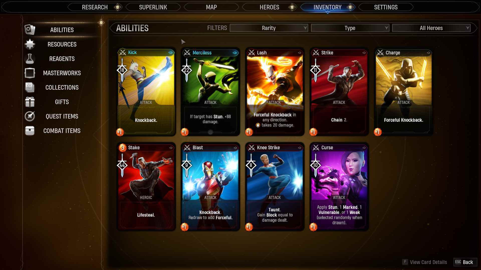 Marvel's Midnight Suns'ta bir dizi yetenek kartının görülebildiği envanter ekranı