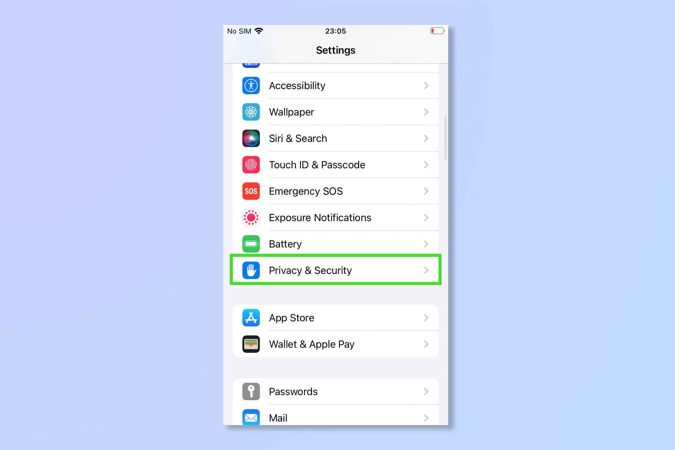 Güvenlik kontrolünü kullanmanın ilk adımı, gizlilik ve güvenliğin vurgulandığı iOS 16 ayarlar menüsü