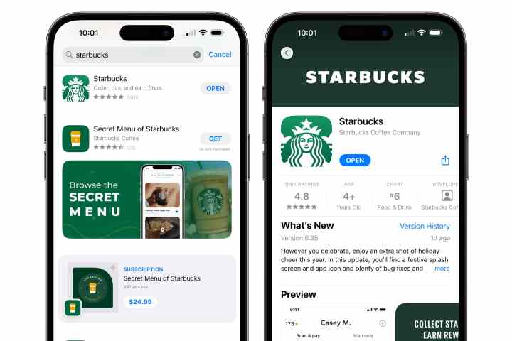App Store'da Starbucks uygulaması aramasını gösteren iki iPhone.