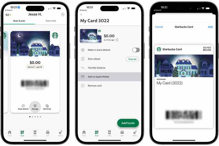 Apple Wallet'a Starbucks kartı ekleme adımlarını gösteren üç iPhone.