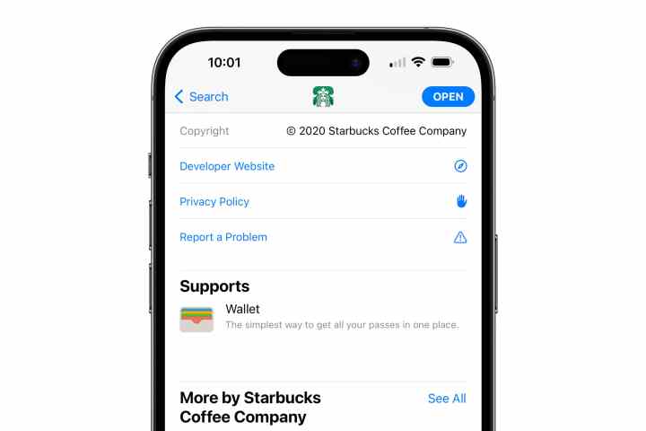 Apple Wallet uyumluluğu için App Store sayfasını gösteren iPhone.