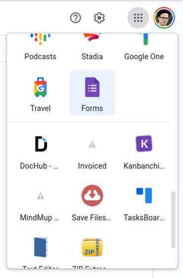 Workspace uygulama menüsündeki Google Formlar başlatıcısı.