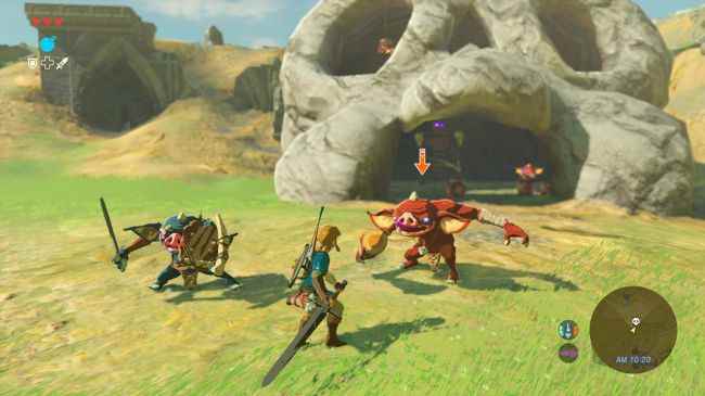 Legend of Zelda: Breath of the Wild'dan Link'in bir bokoblin grubuna saldırdığını gösteren bir ekran görüntüsü