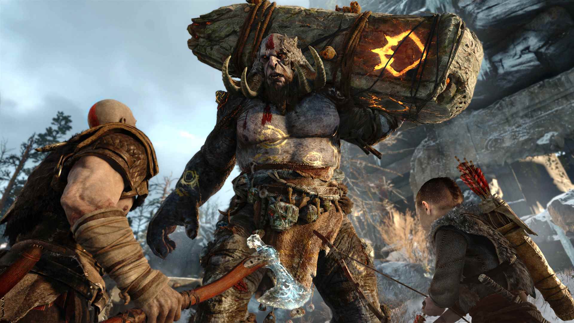 Kratos ve Atreus, God of War'da bir trolle savaşıyor