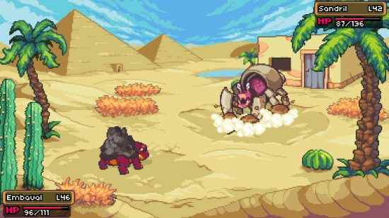 Pokémon - a Embaual gibi en iyi oyunlar, Coromon'da bir çöl vahasının ortasında bir Sandril'e karşı savaşıyor.