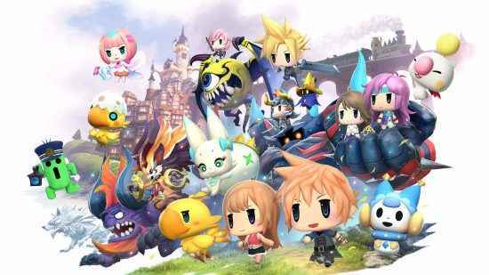 Pokémon gibi en iyi oyunlar - Final Fantasy karakterlerinin chibi versiyonları ve World of Final Fantasy'de bir kümede duran canavarlar.