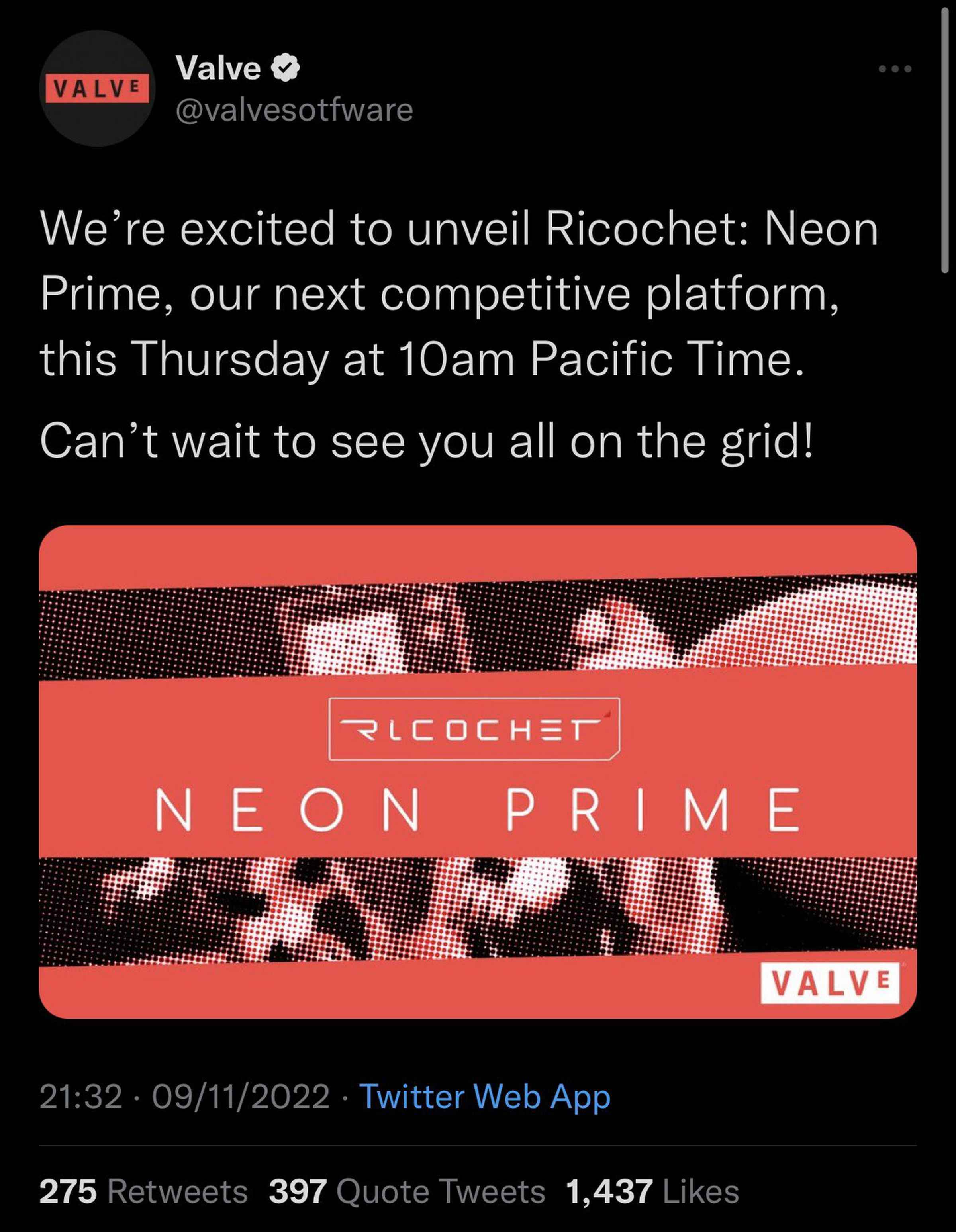 Neon Prime, Valve'in ticari markası olan bir ifadedir, ancak muhtemelen disk atma oyunu Ricochet'in iadesi için değildir.