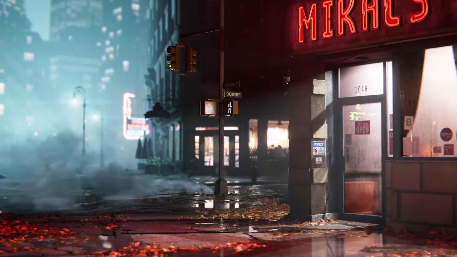 Marvel's Spider-Man 2 fragmanından, geceleri sokak lambaları ve binaların içinden gelen ışıklarla aydınlatılan bir New York sokak köşesini gösteren ekran görüntüsü