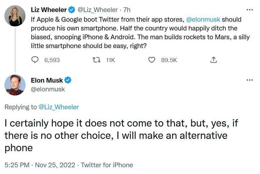 Musk, Twitter'ın App Store ve Play Store'dan çıkması durumunda bir Tesla telefonu üretmekle tehdit ediyor - Musk, Apple ve Google'ı cezalandırmak için bir Tesla telefonu yapılabileceğini ima ediyor
