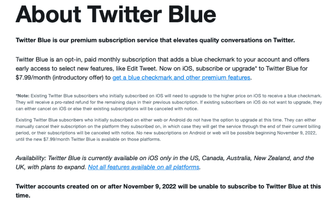 10 Kasım'daki Twitter Blue şartları, 9 Kasım'dan sonra oluşturulan hesapların Twitter Blue'ya kaydolamayacağını belirtiyor