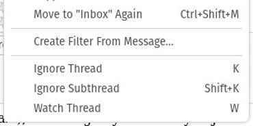 Thunderbird menüsü, Mesajdan filtre oluştur girişini içerir