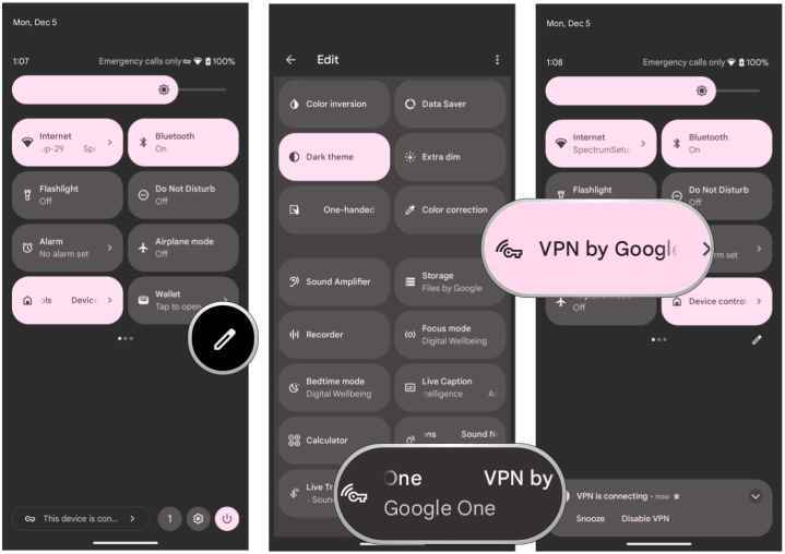 Hızlı Ayarlar'ı göstererek Google One VPN'i Hızlı Ayarlar'a ekleyin, Düzenle'yi seçin, VPN'i yukarı doğru sürükleyin, açıp kapatmak için VPN döşemesini seçin