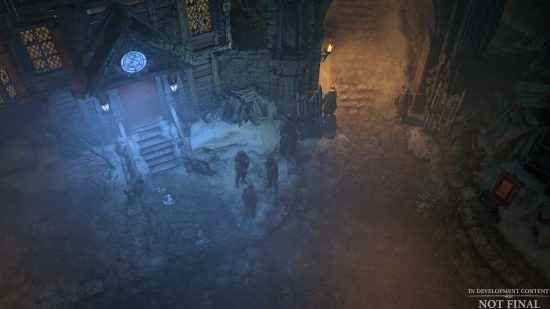 Diablo 4 oynanış önizlemesi: Üç adam bir üçgende sohbet ederken soğuk sisle kaplı bir şehir