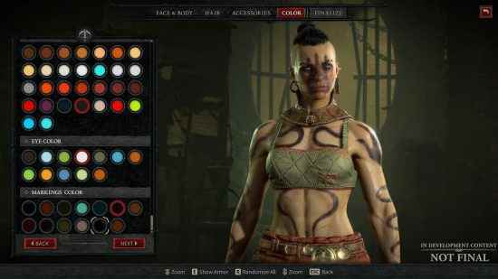 Diablo 4 oynanış önizlemesi: Karakter yaratıcısı menüsünde dövmeleri, yüz işaretleri, mohwak'ı ve piercingleri olan bir kadın duruyor