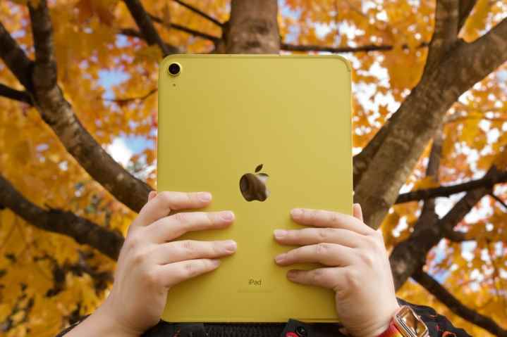Turuncu, sarı yapraklı ağaçların önünde sarı iPad'i (2022) tutan biri.