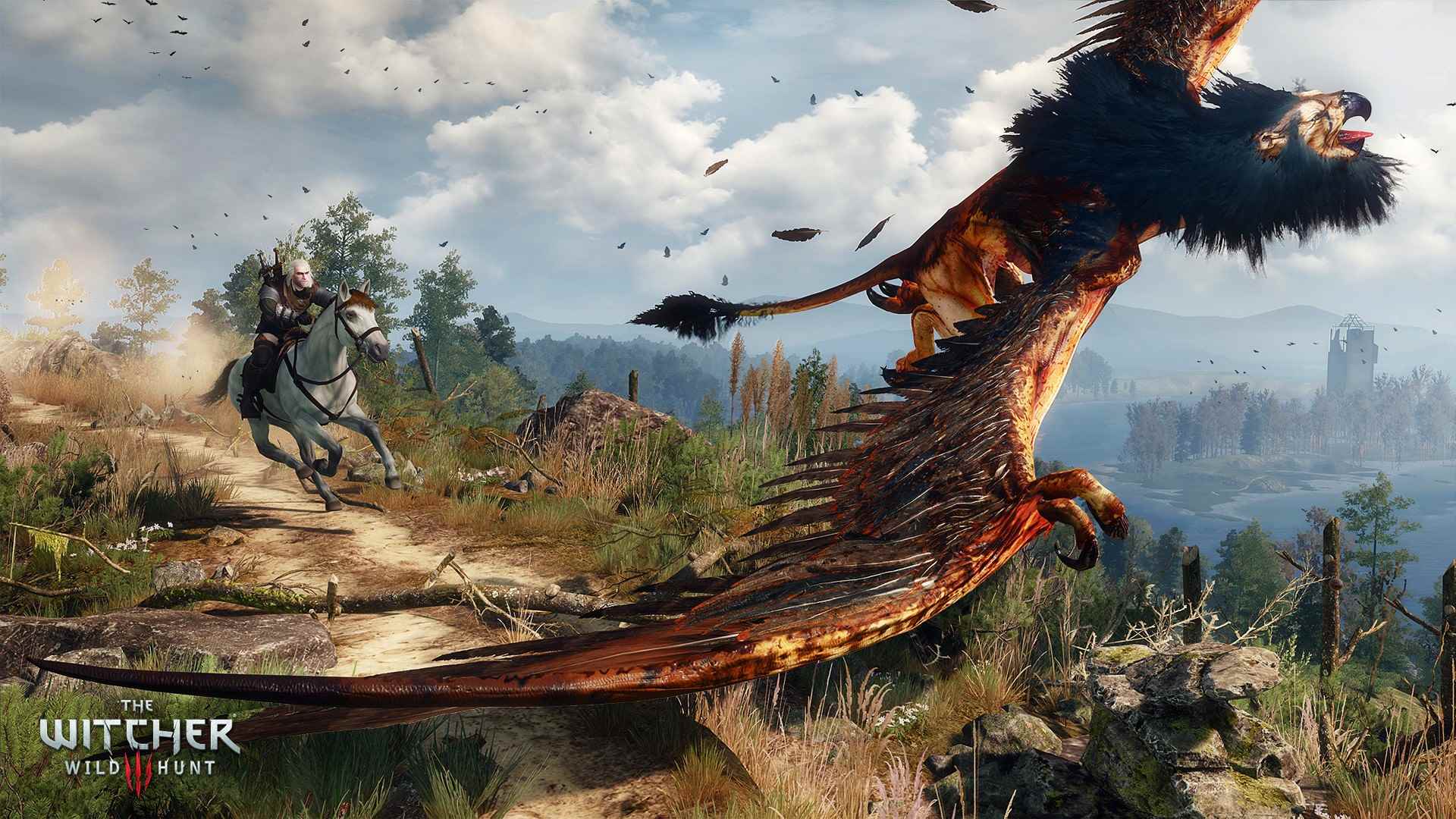 Geralt, The Witcher 3'te bir Wyvern avlıyor