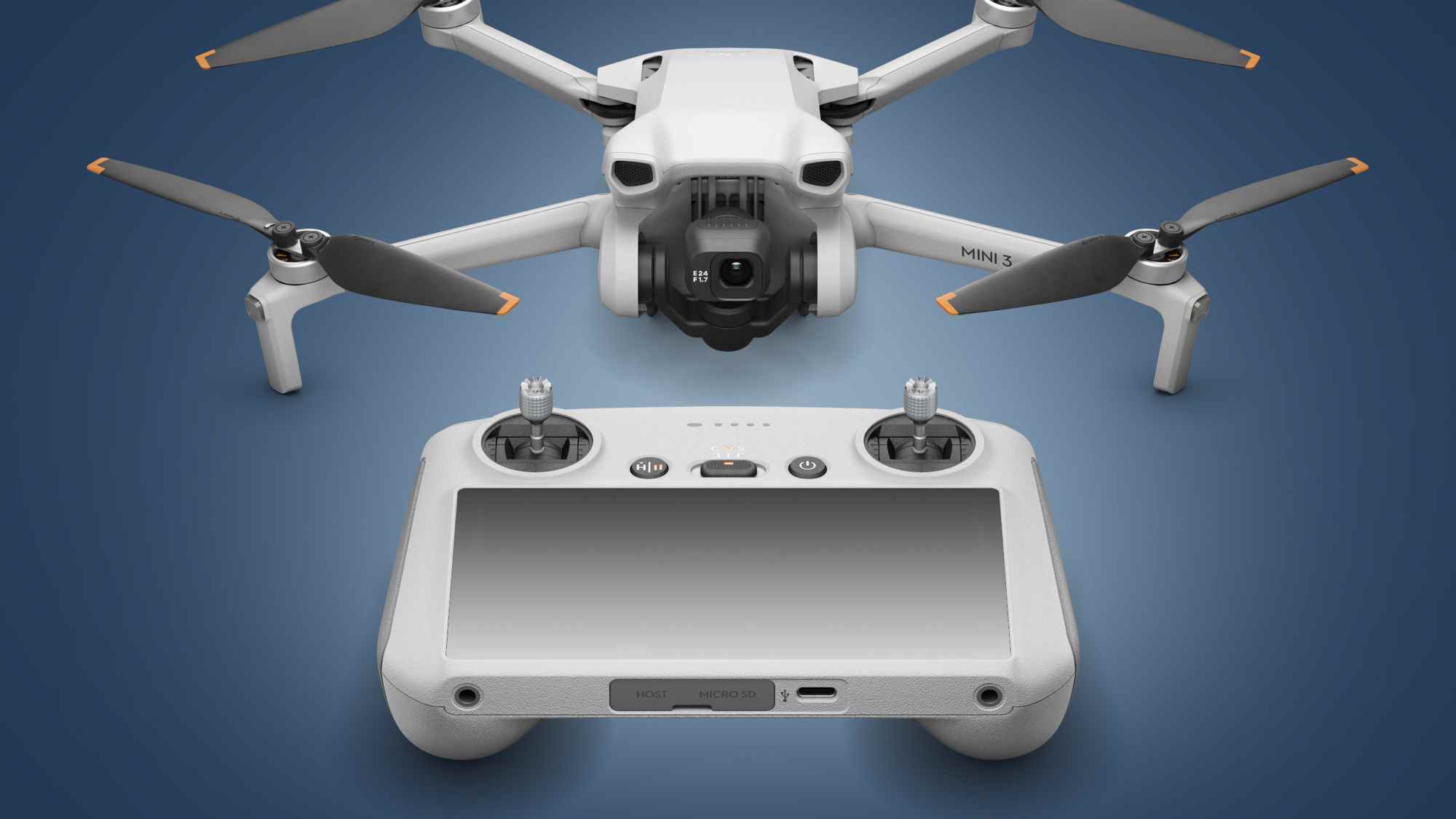 Mavi bir arka plan üzerinde DJI Mini 3 drone