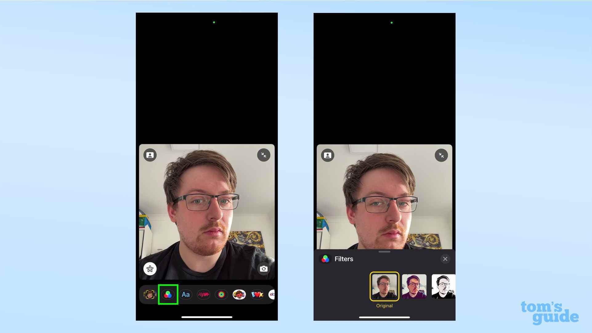 FaceTime'da renk filtresi ayarlarının nerede bulunacağını gösteren iki ekran görüntüsü