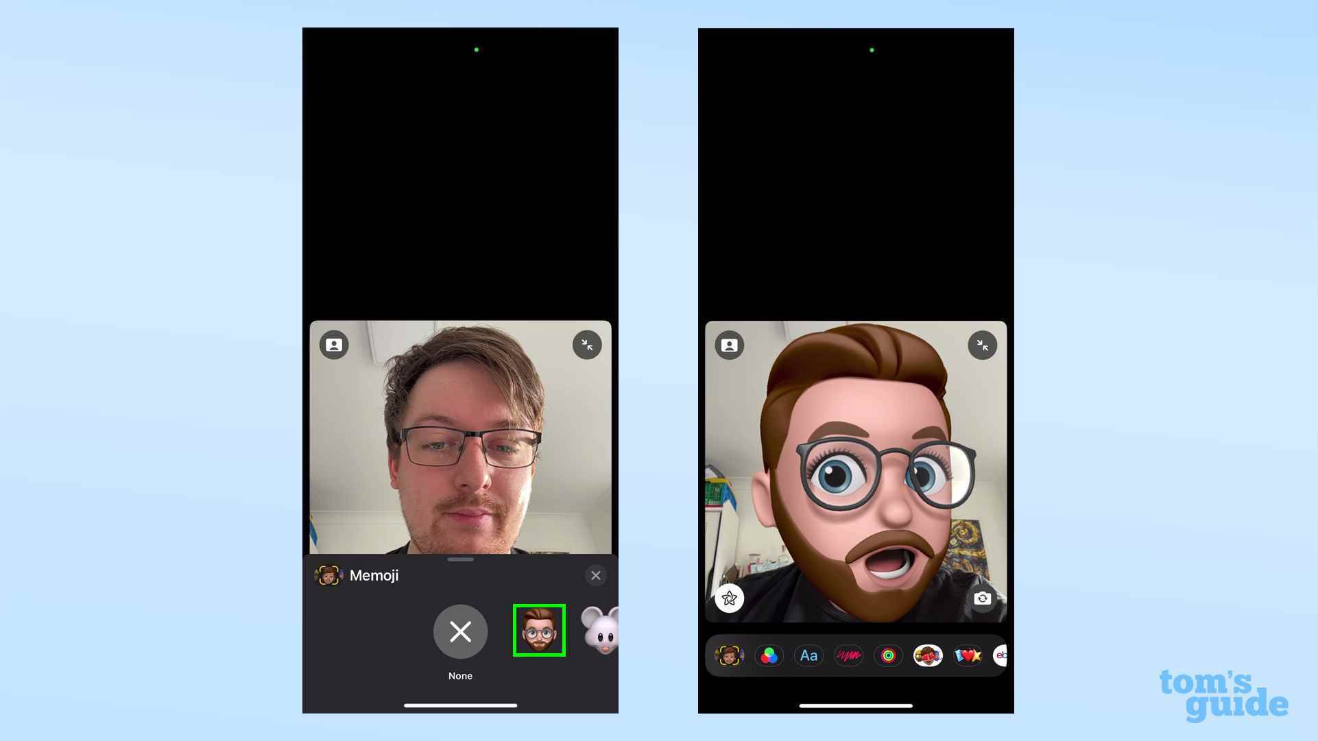 FaceTime'da bir Memoji'yi etkinleştirmeyi gösteren iki ekran görüntüsü