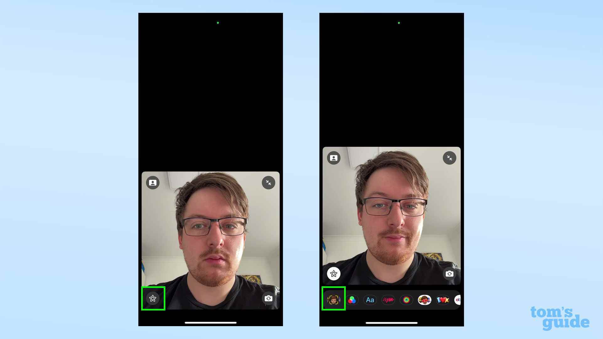 FaceTime'da Memjoi ayarlarının nerede bulunacağını gösteren iki ekran görüntüsü