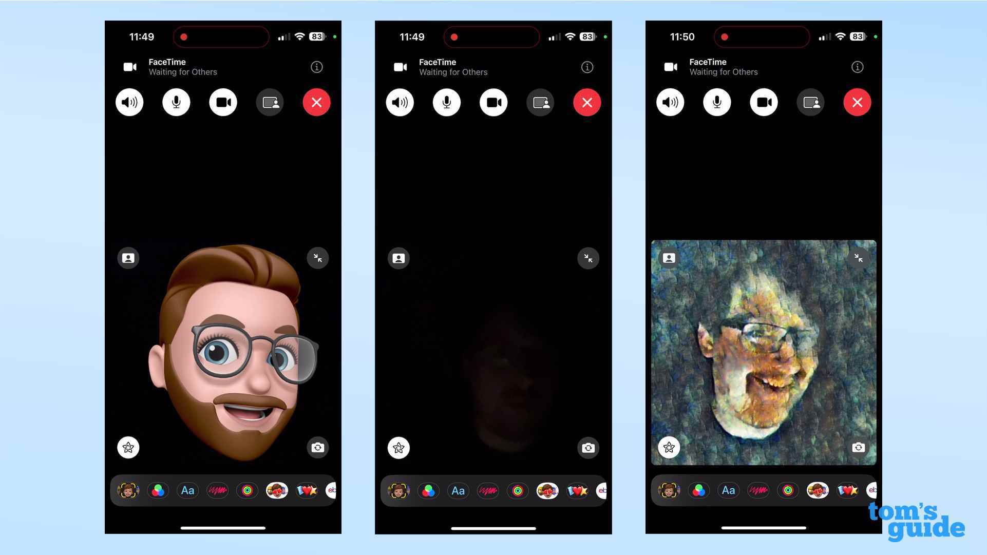 FaceTime'ı karanlıkta, Memoji etkinken (solda), filtreler olmadan ve Suluboya etkinken gösteren üç ekran görüntüsü