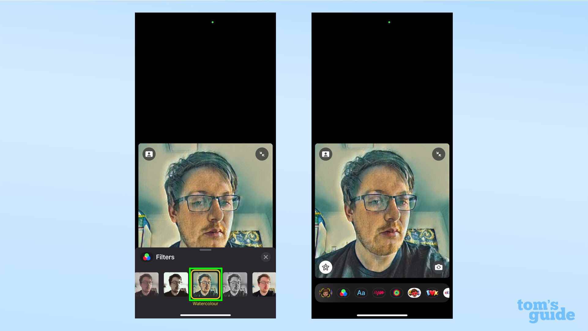 FaceTime'da Suluboya modunu gösteren iki ekran görüntüsü
