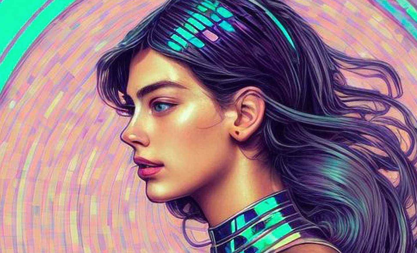 Lensa AI sihirli avatarının çizimi, uzun siyah saçlı genç bir kadın
