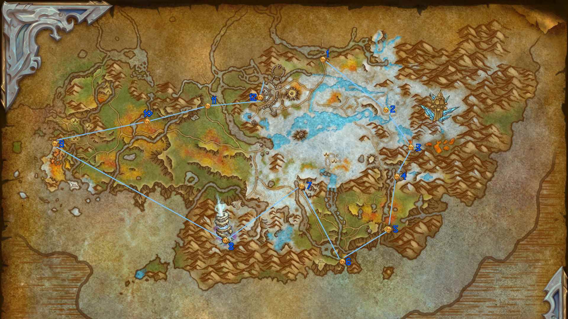 Azure Span'ın Dragon Glyphs'i vurgulayan raptiyelerle World of Warcraft Dragonflight haritası