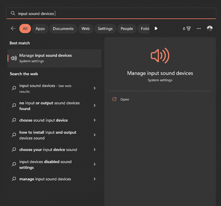 Windows Search'te ses aygıtlarını girin seçeneği