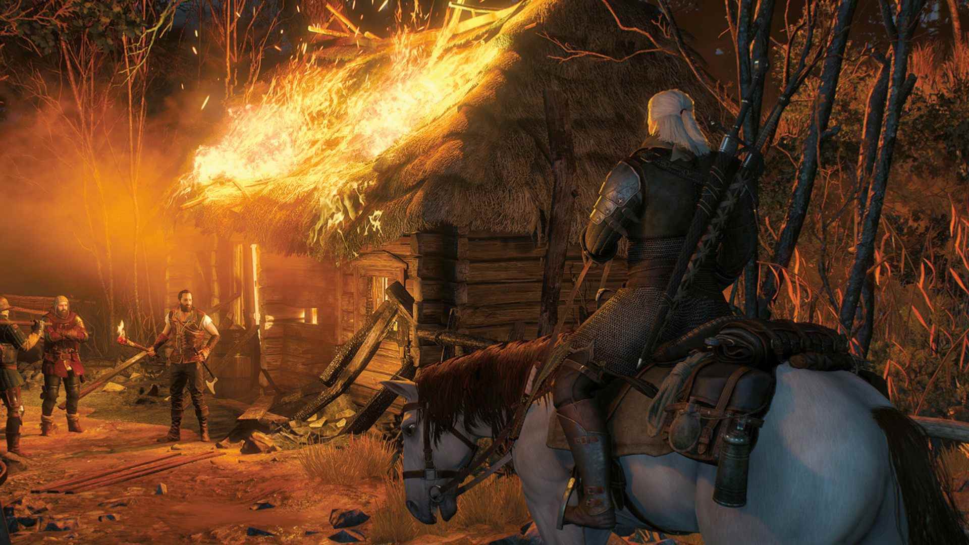 En iyi Witcher 3 ayarları: Arka planda yanan kulübe ile at sırtında Geralt
