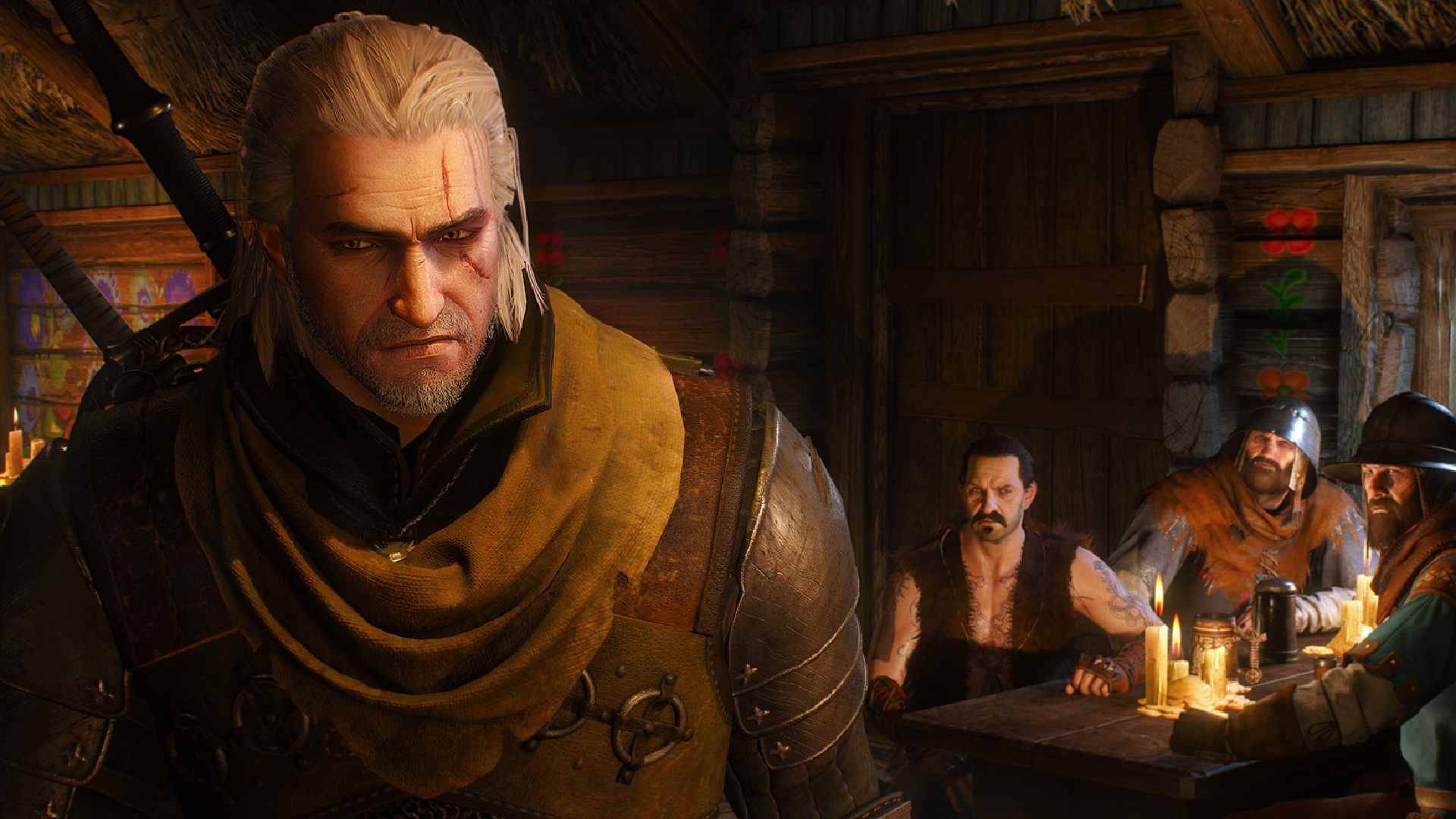 En iyi Witcher 3 ayarları: Arka planda han müdavimleri ile Geralt ayakta kameraya bakıyor