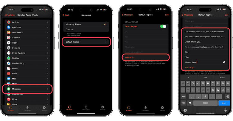 Apple Watch ekran görüntüleri: Varsayılan yanıtları ayarlayın