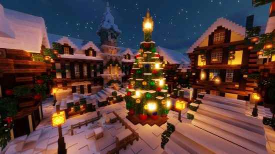 Minecraft Noel yapıları - merkezi bir Noel ağacı özelliğini çevreleyen rahat ahşap evlerin bulunduğu şenlikli bir köy