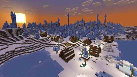 Minecraft Noel tohumları: Karlı bir tayga köyü, yerden yükselen büyük, mavi buz sütunları olan bir buz sivri biyomunun önünde yer alır.