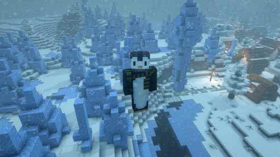 Minecraft Noel görünümleri - yün şapkalı ve atkılı sevimli bir penguen kar üzerinde uçar Minecraft biyomu