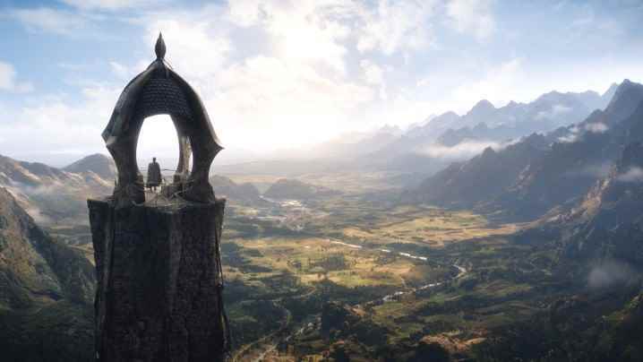 Yüzüklerin Efendisi: Güç Yüzükleri'nden bir sahnede Orta Dünya'nın üzerinde bir elf kulesi duruyor.