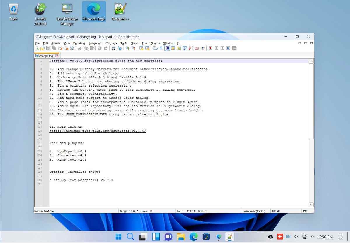 Windowsfx üzerinde çalışan Notepadd++.