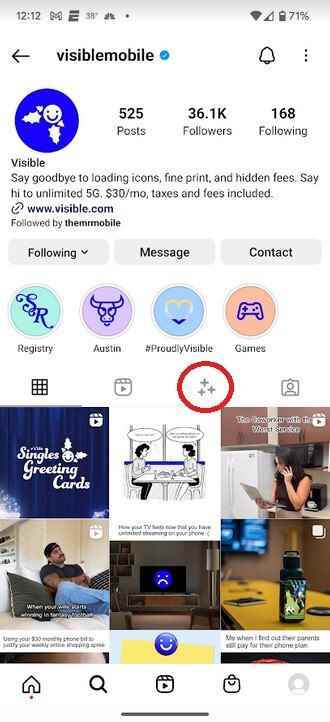 Visible'ın Instagram profil sayfası.  Daire içine alınmış simgeye dokunun - Visible Mobile'ın yeni promosyonu bekarları daha "görünür"  tatil için