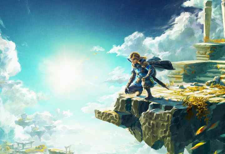 Link, The Legend of Zelda: Tears of the Kingdom ana resminde Hyrule'a bakıyor.