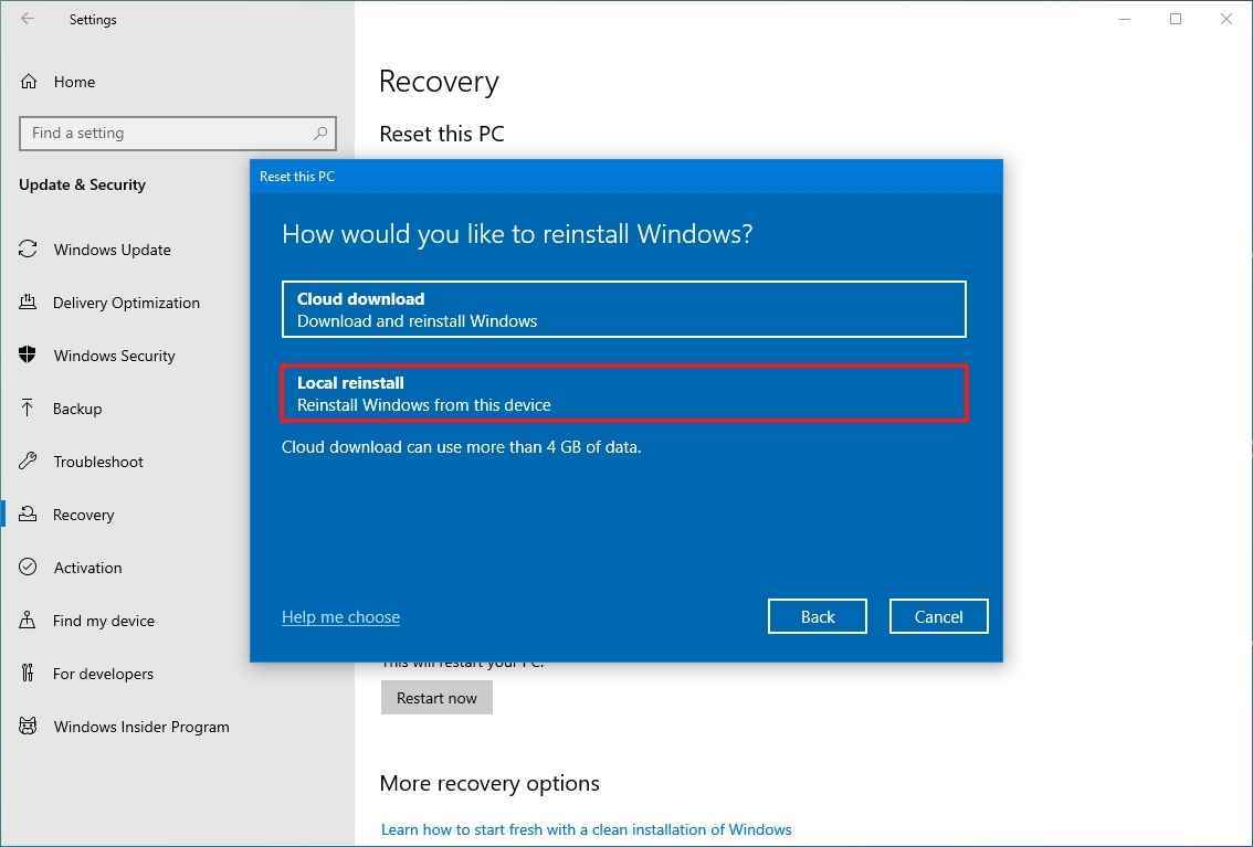 Windows 10'da yerel yeniden yükleme