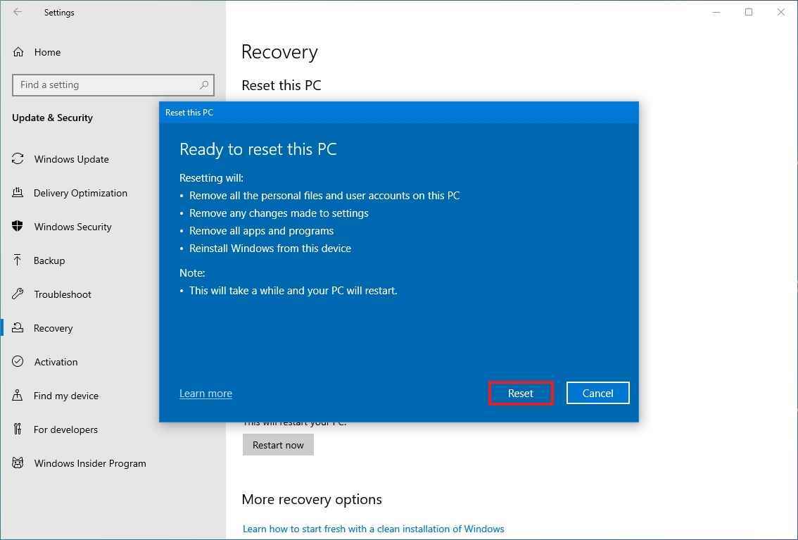 Windows 10 fabrika ayarlarına sıfırlama seçeneği