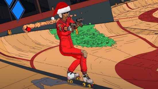 Rollerdrome'un patencisi silah taşırken Noel şapkası takıyor