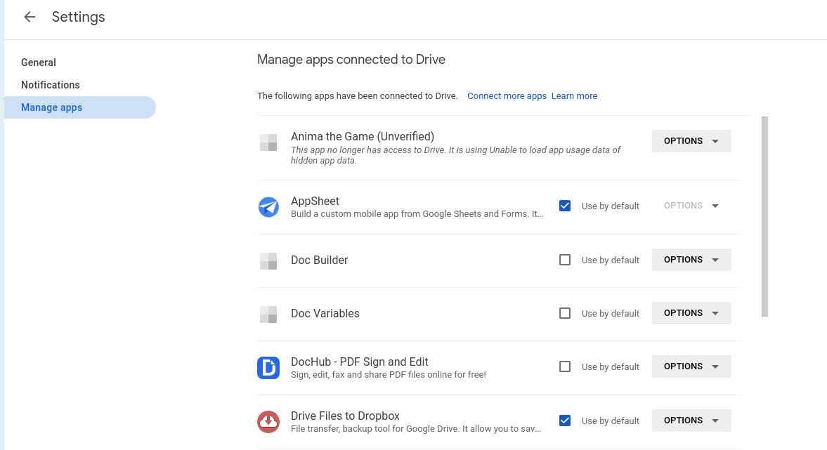 Google Drive bağlantılı uygulamalar.